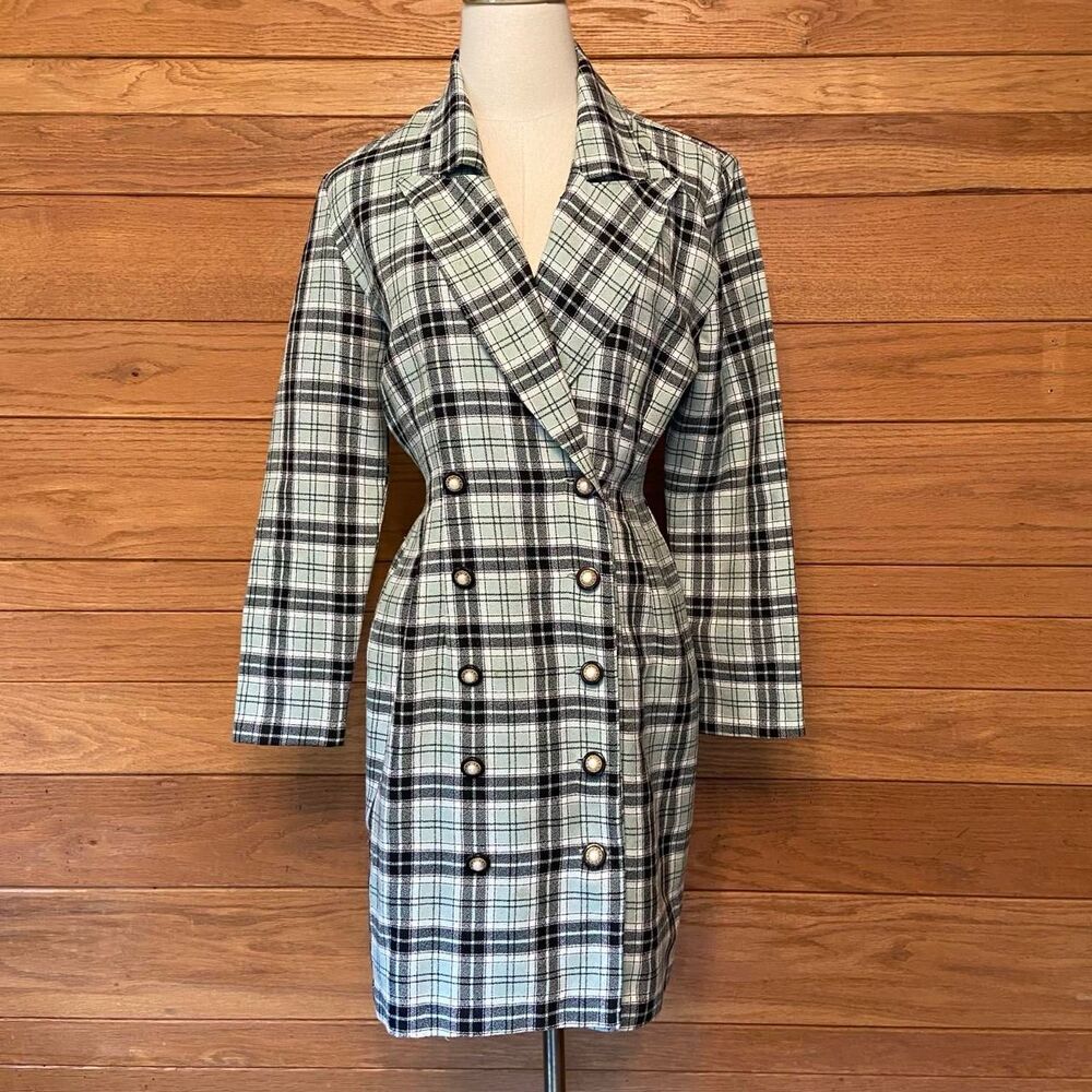 Vintage La Belle 90s Clueless mint green black white plaid blazer dress jacket